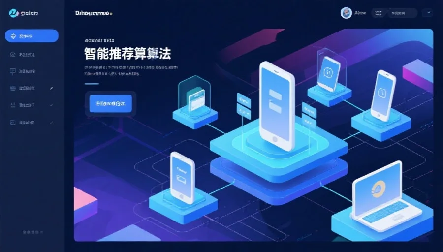 抽象风格的科技感界面，呈现智能推荐算法与多设备互联的视觉效果