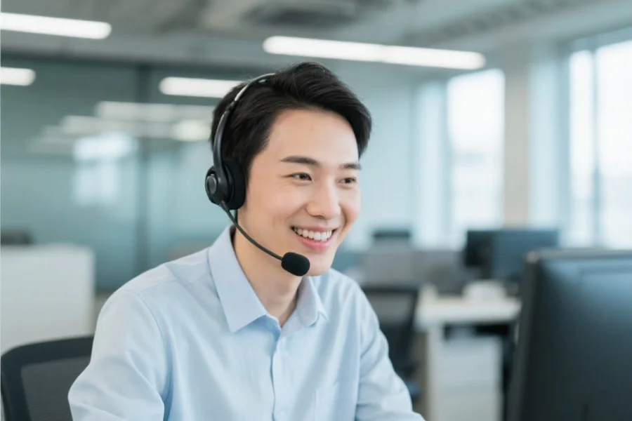 一位微笑的在线客服人员正在通过耳麦为用户解答问题，背景为现代办公室环境