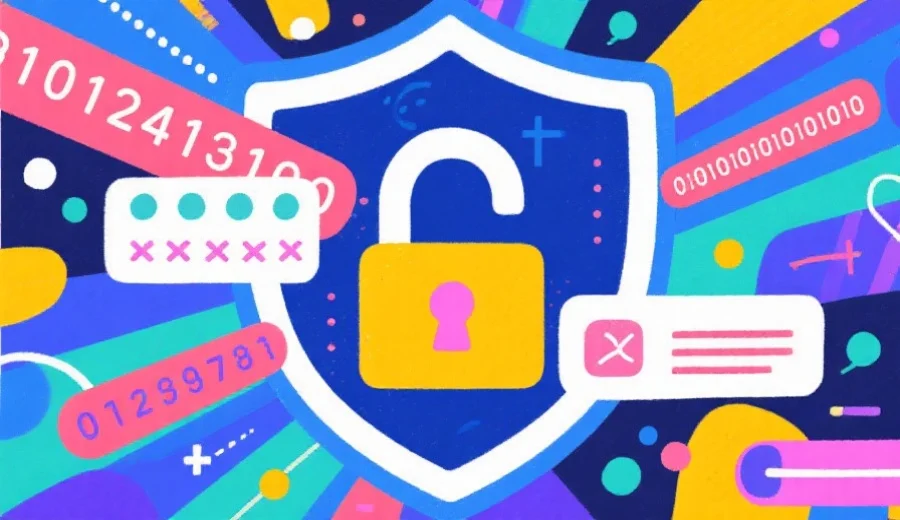 抽象表现互联网安全和账号保护的插画，锁、密码和数字代码元素，色彩明亮