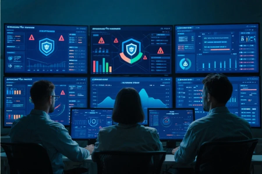 后台技术团队正在监控多屏幕显示的安全数据分析界面，突出实时风控系统与警报提示